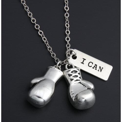 1pc Silver Color Boxing Glove Charms Necklace With Encourage Words "I Can" Pendant For Men Sport Jewelry Keep Fit E271