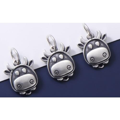 925 Sterling Silver Cute Young Cow Head Dangle Charms Thai Silver Craftwork Retro Necklace Pendant DIY Jewelry Tag Decorations