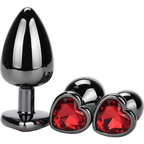 Plating Black Metal Anal Plug Romantic Red Heart Crystal Base Mooth Butt Plug Anal Bead Couple Anus Dilator Metal Ball Massager