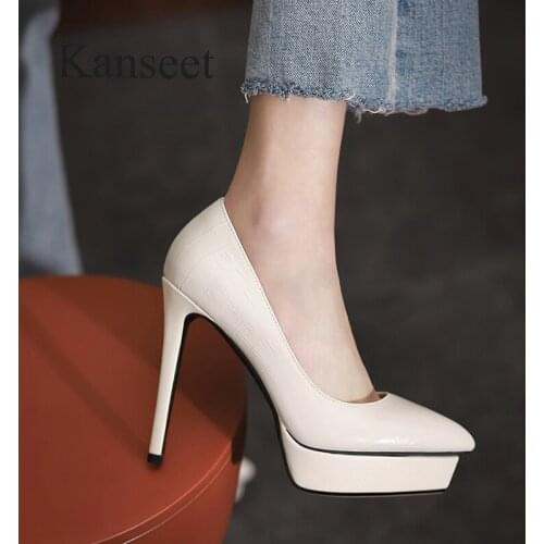 Kanseet New Women Pumps Autumn Genuine Leather Sexy Pointed Toe High Heels Platform Party Female Shoes Stiletto Beige Size 40
