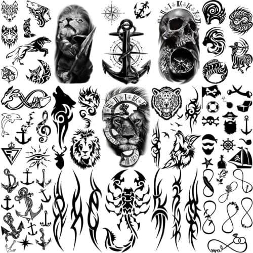 Lion Skull Scorpion Temporary Tattoos For Women Adult Men Kids Armband Totem Tatoos Pirate Thorns Anchor Fake Tattoo Small