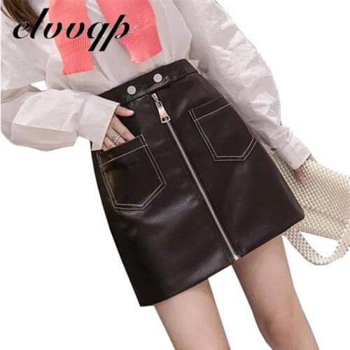 Autumn Winter Women Skirt Pu Leather Sexy Mini Skirt With Pockets Zipper A-line Package Hip High Waist Women Clothing Plus Size