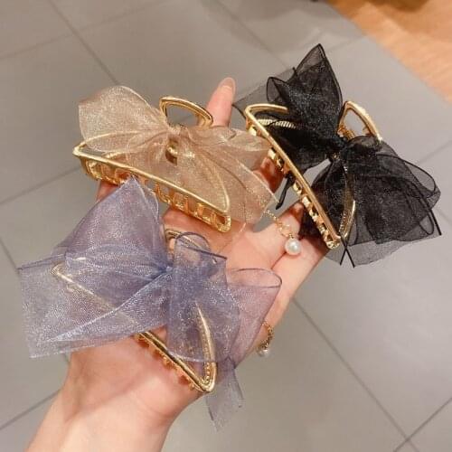 Korean net yarn bow hair clip back head elegant Catch clip female large hair clip headdress shark clip hair accessories