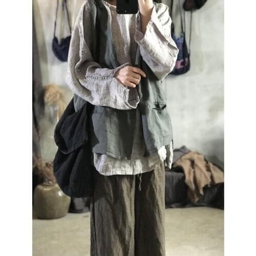 Women Spring Summer Linen Simple Patchwork Vests Waistcoat Outerwear Ladies Vintage Flax Vest Female 2021 Vests