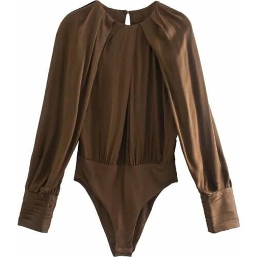 Ins Hot Smooth Faux Silk New Spring Womens Bodysuit O-neck Hollow Back Playsuit jumpsuit women elegance