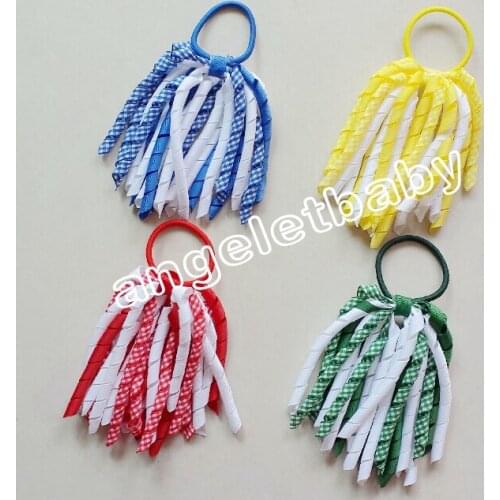 10pcs random color 5" gingham A-korker ponytail holders streamer corker plaid hair bows hair ties bobbles accessories PD027