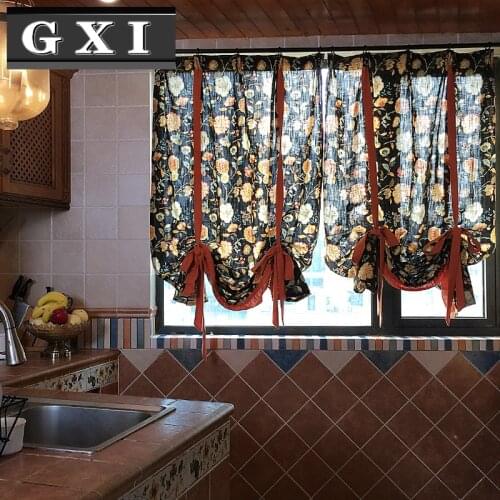 American Retro Flower Roman Kitchen Curtains For Window Living Room Ribbon Lifting Curtain Door Partition Home Decoration
