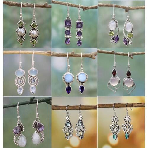 Bohemia long Earrings Vintage Retro Moonstone Earring Silver Plated Dangle Earrings for Women Indian Jewelry Accessories