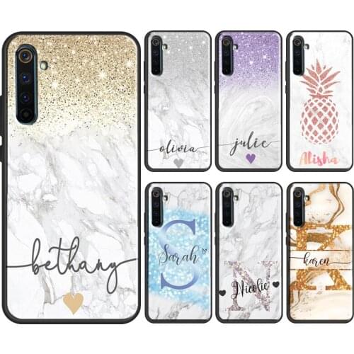 PERSONALISED Glitter name initials Case For OPPO Realme 7 6 8 Pro C3 C15 C21 7i GT Q3 Pro Cover For OnePlus 8 9 Pro Nord 8T