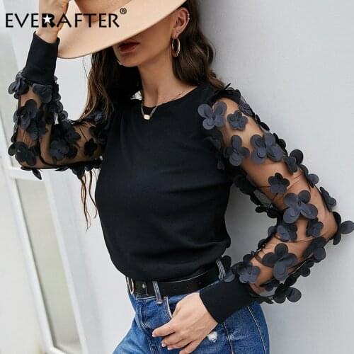 EVERAFTER Chic Mesh Blouse Chiffon O-neck Long Sleeve Tops Shirts Blouse Fashion Transparent Autumn Black Shirt Female Blusas