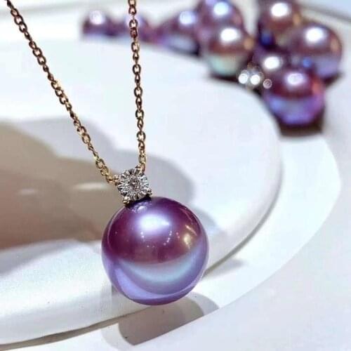 HENGSHENG 12-13mm Edison Deep Purple Pearls Pendant For Women Genuine 18k Gold With Diamond Free Silver Chain Fine Jewelry