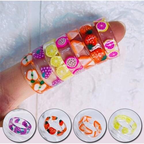 Fashion Colorful Transparent Fruit Pattern Resin Rings Women Geometric Round Lemon Strawberry Ring Jewelry Party Gifts New