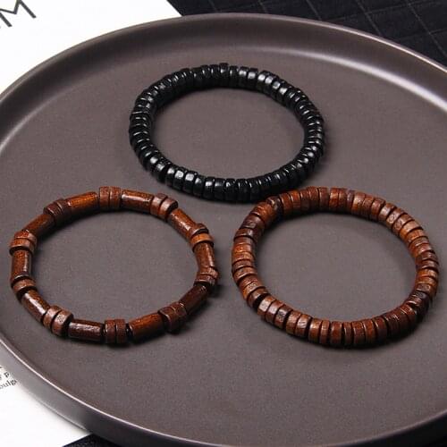 Hot Natural Wooden Wheel Beaded Bracelet Black Brown Ethinc Bracelets For Men Women Prayer Yoga Bangle Vintage Christmas Gift