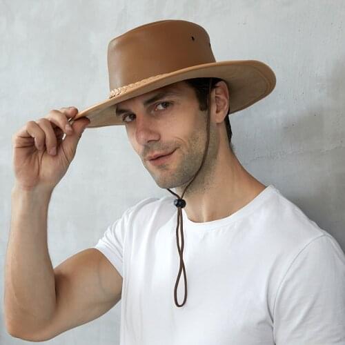 Retro Summer Large 59CM Size Single Layer Genuine Leather Casual Men Wide Brim Beach Cowboy Cowgirl Western Sun Protection Hat