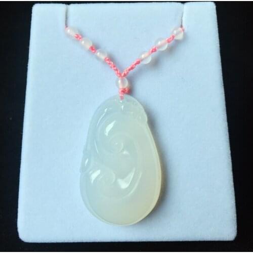 Natural Brazil white Chalcedony Everything goes well Jade Pendant With agate Bead Necklace Nice Woman Ornament*Free Gift Box