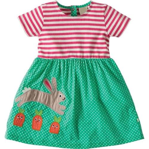 Little Maven Brand New Summer Kids Lovely Short Striped Patchwork Green Rabbit O-neck Kintted Cotton Girls Fashion Dresses