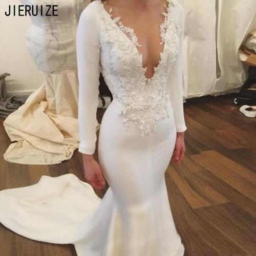 JIERUIZE Mermaid Wedding Dresses Sheer Scoop Neck Long Sleeves Vintage Sexy Lace Appliques Satin Wedding Gowns Vestidos De Noiva