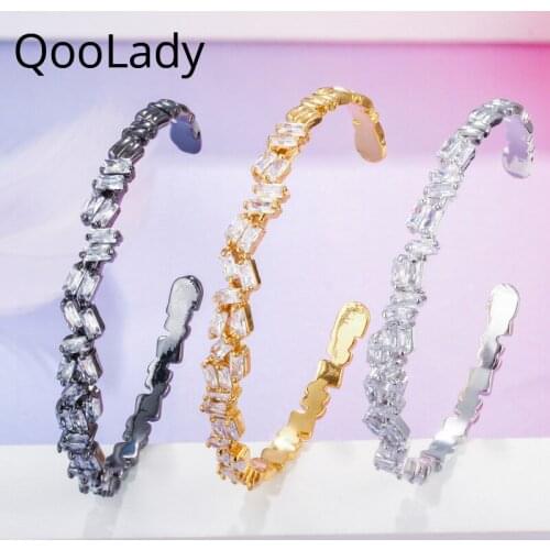 QooLady Fashion Adjustable Size White Cubic Zirconia Yellow Gold Irregular Open Cuff Jewelry Bangles Bracelets for Women K001
