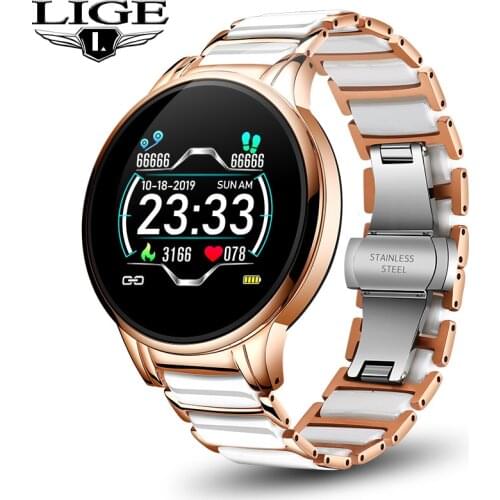 LIGE New Ceramic Smart Watch Women Heart Rate Blood Pressure Monitor For Android IOS Sport Multifunctional Steel Belt Smartwatch