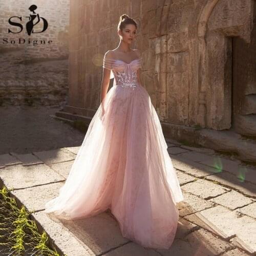 SoDigne Light Pink Tulle Wedding Dress 2021 New Off Shoulder Lace Appliques Princess Bridal Dress Boho Wedding Gowns Custom Made