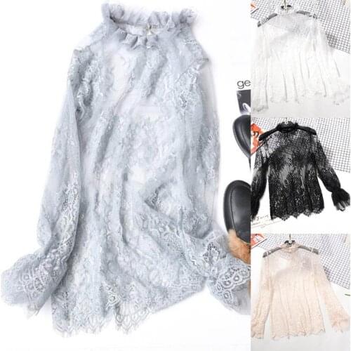 Thin Floral Lace Blouse Crocheted Hollow Inner Pullover Top Mesh Solid Color Bottoming Shirt Women Long Sleeve Round Neck Blouse