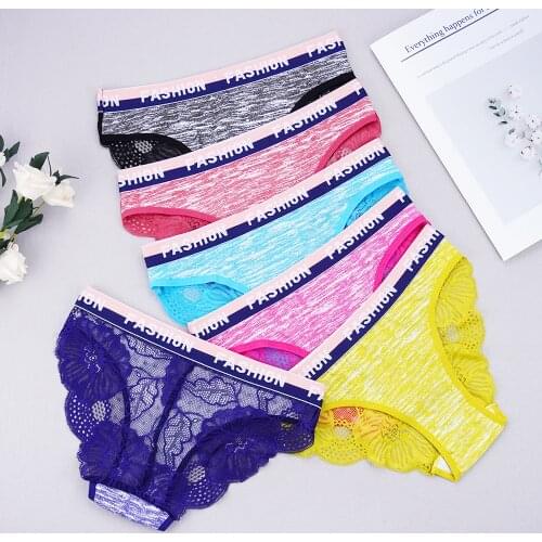 6 Pcs Lots Cute Underwear Women Loli Mini Cotton Panties Sexy Lingerie Femme Wholesale Lots Bulk Flower Hollowed Out Solid Color