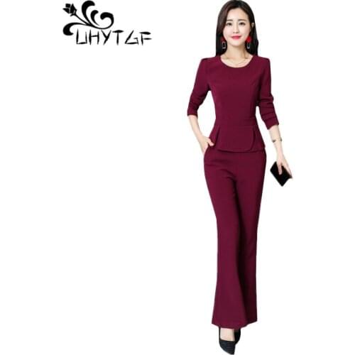 UHYTGF Women clothing sets New Fashion chiffon spring summer two piece set O Neck top and wide leg pants elegant Female set 1400