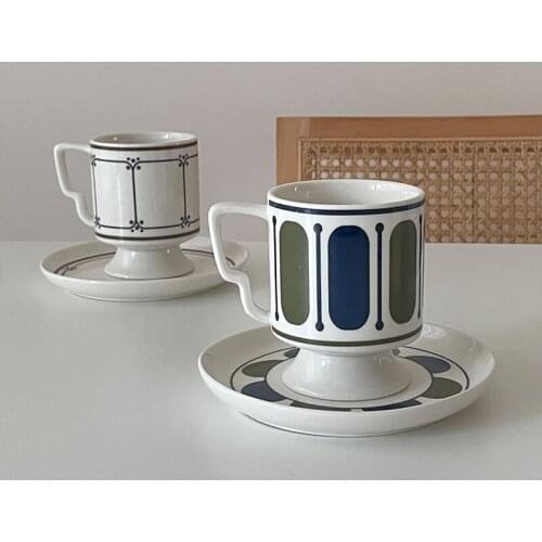 Vintage Ceramic Coffee Cup Saucer Set Korean Style Breakfast Drinking Milk Tea Mug with Plate Home Office Cafe Table Decor 260ml