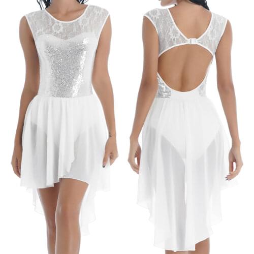 Women Shinny Sequin Irregular Ballet Tutu Dressg Leotard Sleeveless Figure Skating Dance Lyrical Dresses Stage Dancewear Clothes