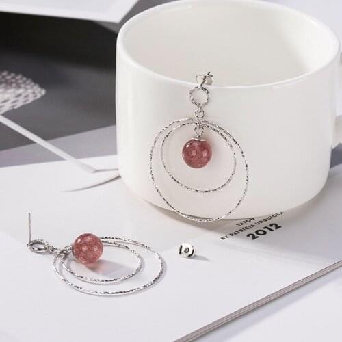 925 sterling silver Natural Strawberry quartz Eardrops Simple Personality All-matching Exaggeration Fashion Female earrings