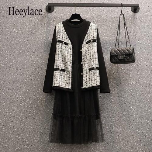 Women 2021 Autumn Winter Ladies Suit Women Tweed Plaid Jacket Coat Top And Mesh Dress Two Piece Matching Set Plus Size Clothing