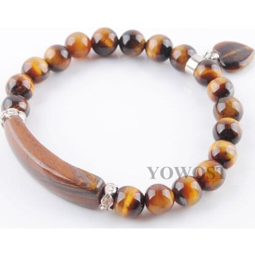Natural Stone Beads Tiger Eye Strand Bracelets & Bangles Heart Shape Silver-color Fitting Women Jewelry Love Gifts QK3313
