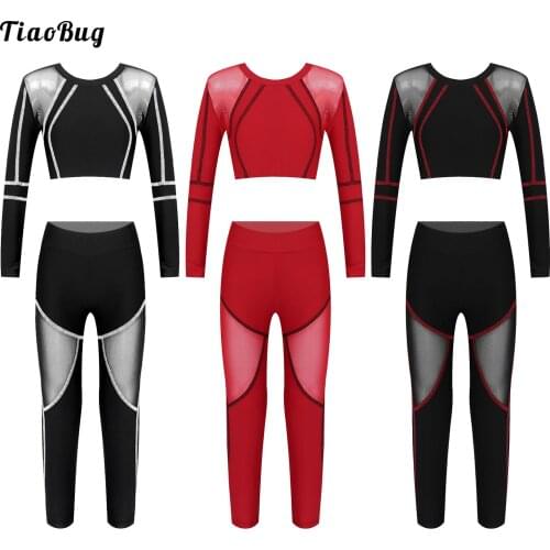 Girls Kids Nylon Cotton 2Pcs Yoga Fitness Suit Fashion Workout Sport Outfit Long Sleeves Top With Leggings Tracksuit
