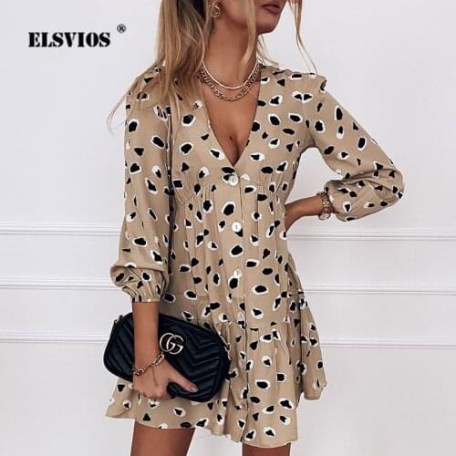 Elegant Ruffle V Neck Women Dress Polka dot Floral Print Dress Summer Casual Seven Points Sleeve Single-breasted A-Line Dresses