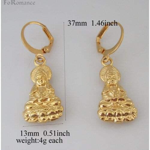 FoRomance / Guanyin Bodhisattva Buddhism FORTUNE LUCKINESS BRINGER MAKE YOUR WISH COME TRUE - YELLOW GOLD GP TALL 1.46" EARRING