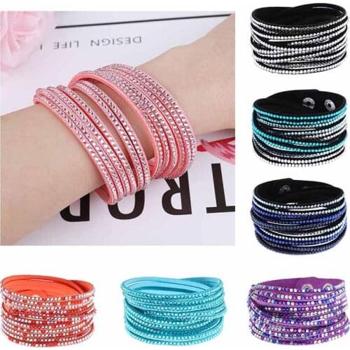 Leather Flannelette Double Circle Hot Simulated Wrap Bracelet With Crystal For Women Ethnic Charm Rope Chain