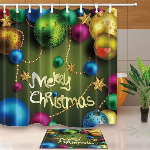 Colorful christmas balls and stars Shower Curtain Home Bathroom Fabric & 12hooks