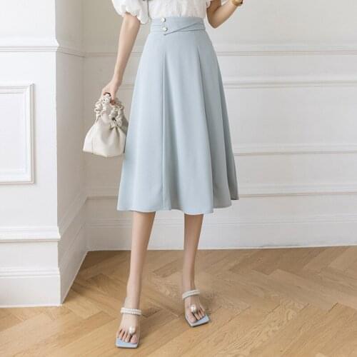 Summer Long A-line Skirt Women Summer Simple High Waist Green Midi Skirts Women