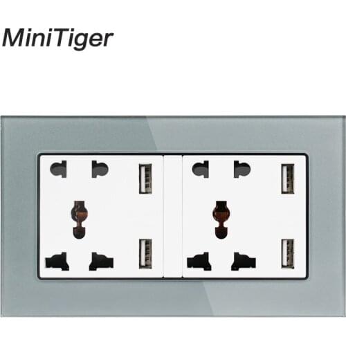 Minitiger Tempered Glass Panel Wall Socket Dual Universal 5 Hole Power Outlet With 4 USB Smart Induction Charger Port for Mobile