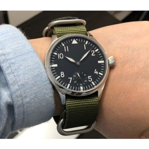 44mm GEERVO black dial Asian 6498 17 jewels Mechanical Hand Wind movement mens watch green luminous Mechanical watches gr18-20