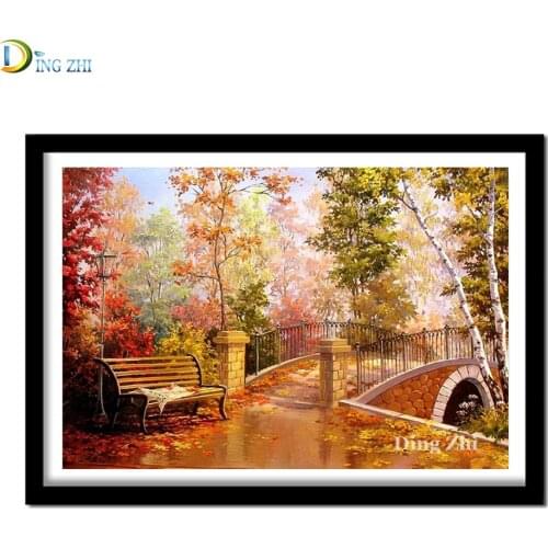Full Square Round Drill Bridge Scene 5D Diy Diamond Painting Cross Stitch Kits Autumn Landscape Mosaic Diamond Embroidery Decor