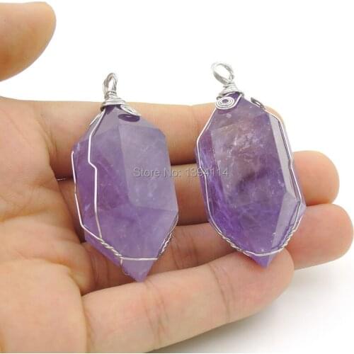 Natural Amethys t Crystal Points Pendants Hexagon Pillar Wraped Copper Wire Of Plating Platina Approx 45*25*25 mm