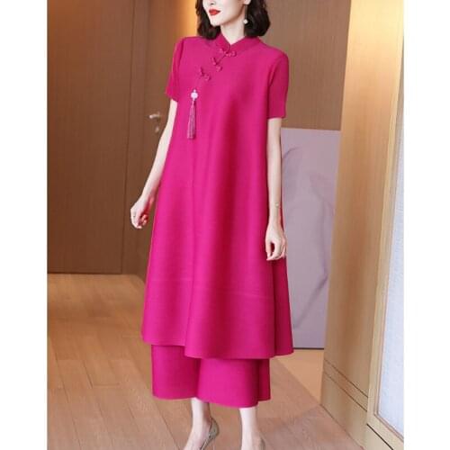 2021 new female loose large size two-piece suit Miyak fold A-line long modified cheongsam dress + wide-leg pants
