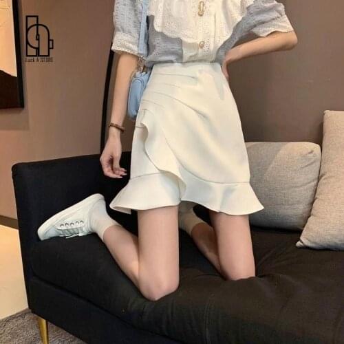 Solid Elegant Sweet Skirt Women Ruffles Designer High Waist Slim Mini Skirt Summer A-Line Office Lady Casual Fishtail Skirt 2021