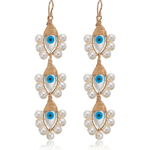 Mother of Pearl handpainted evil eyes paired freshwater pearls traditional ‘Lolita’ beckjewels EVIL EYE HOOPS earrings women