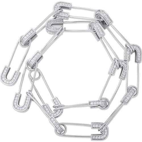 Removable Safety Pin Paved AAA+ CZircon Stone Bling Iced Out Personality Necklace for Men Hip Hop Rapper Jewelry Gifts