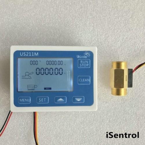 US211M Flow Meter Totalizer Flow Measurement with USC-HS21TI Brass Water Flow Sensor without Temperature Sensor 1-30L/min