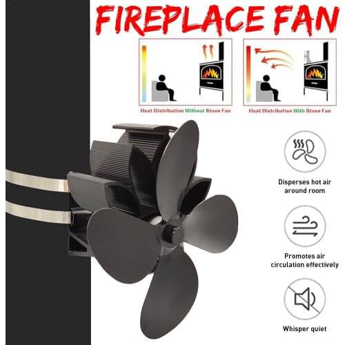 Black Fireplace 4 Blade Heat Powered Stove Fan Komin Log Wood Burner Eco Friendly Quiet Fan Home Efficient Heat Distribution
