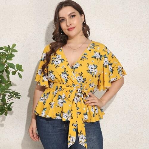 2021 Summer Women Casual Blouse Plus Size 4XL Female V Neck Short Sleeve Floral Print Blouse Shirt Belted Big Size Ladies Tops