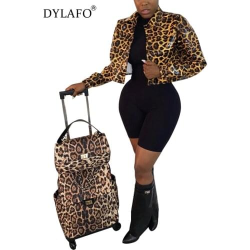 2020 Sexy Pu Leather Leopard Print Crop Jacket Women Fall Clothes Bomber Coat Harajuku Outerwear Long Sleeve Cropped Jacket
